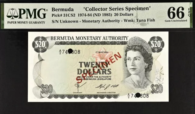 Bermuda 20 Dollars Pick# 31CS2 1974-84 (ND 1985) Specimen PMG 66 EPQ Gem Unc