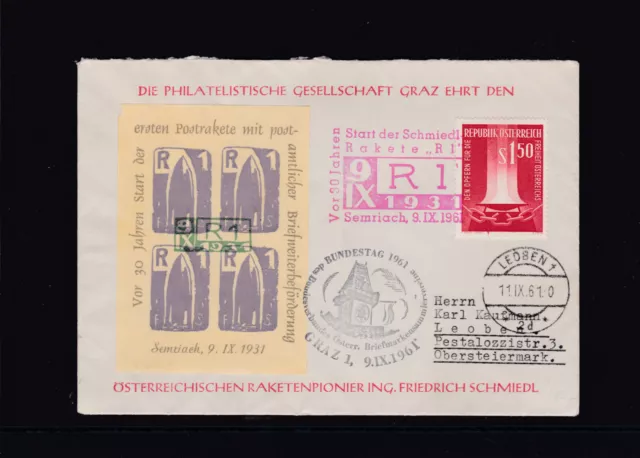 Privater Postraketen Block auf Brief mit Sonderstempel Semriach Schmiedl Rakete