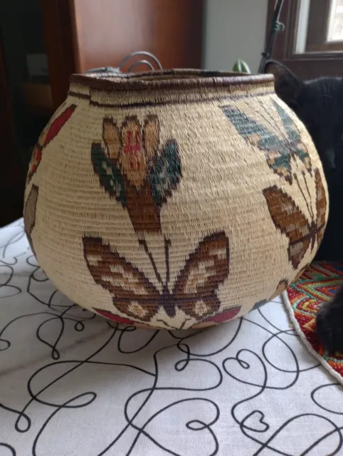 Wounaan Embera Indian Extraordinary Butterfly Woven Basket-Panama