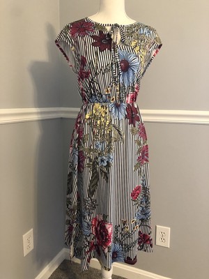 NWT! LIZA LUXE Dress Women's Size XXS striped floral tie neck elastic waist