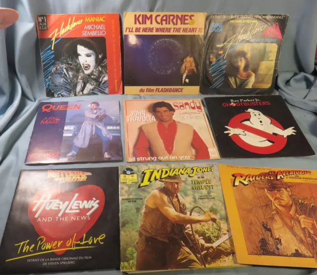 9 VINYLES 45t MUSIQUE de FILMS *GHOSTBUSTERS, POWER of LOVE, INDIANA JONES etc..