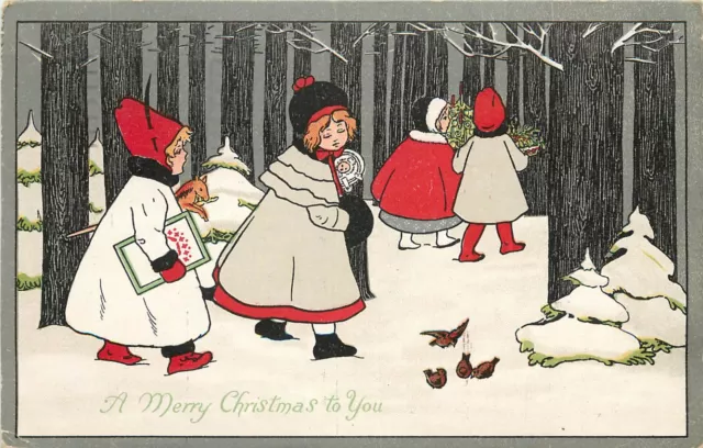 Christmas Postcard 641 Well Dressed Children Walk in Snowy Forest w/Gifts & Toys