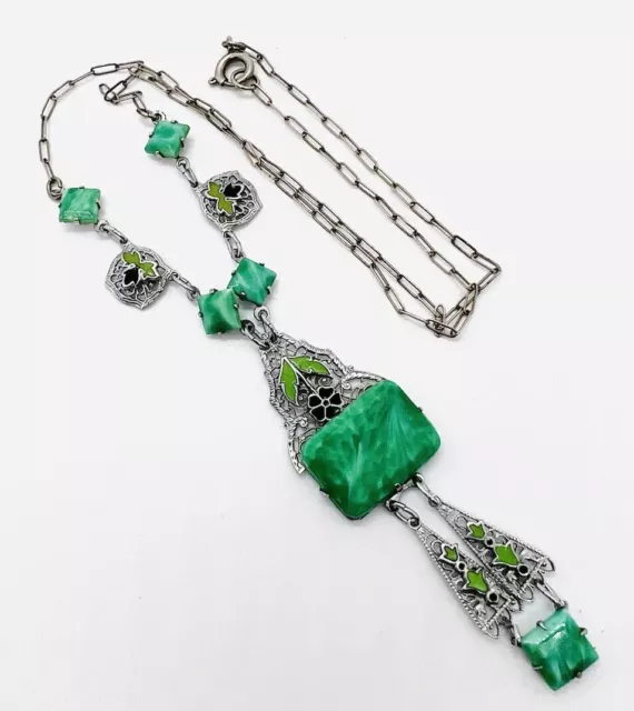 Art Deco Green Art Glass & Enamel Rhodium Filigree Necklace Vintage Jewelry