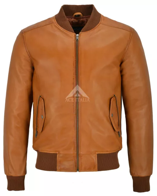 70'S Men's Leather Jacket Tan Retro Bomber Soft Italian Napa Biker Style 1229