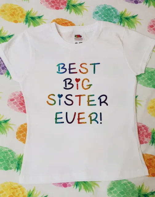 Best Big Sister Ever Girls T-shirt outfit top genere rivelazione festa REGALO arcobaleno 3