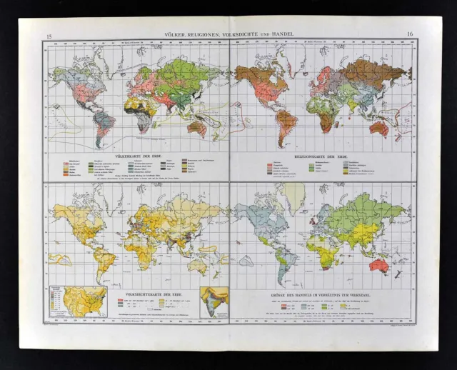 1901 Andrees World Map showing Races Religions Population Density Commerce Trade