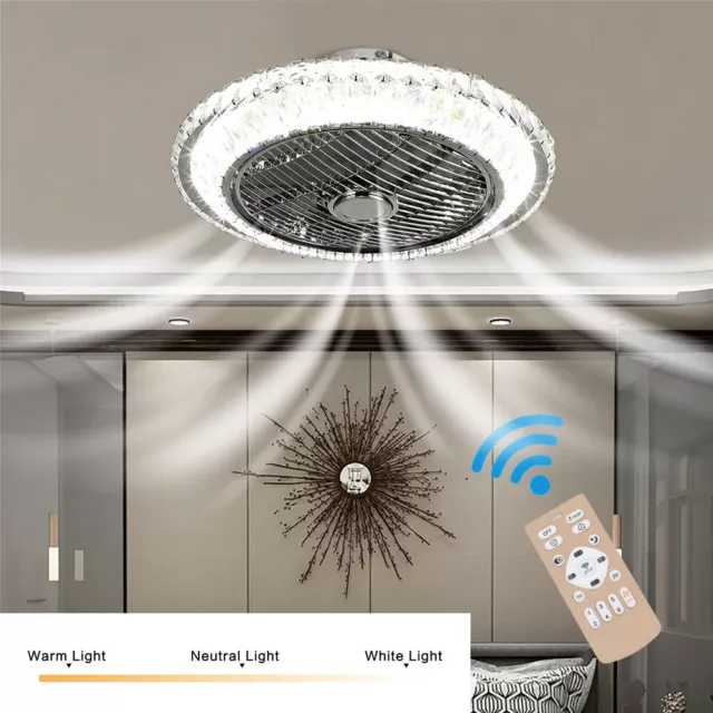 Modern Ceiling Fan With Lights Crystal Chandelier Lamp Dimmable 3 Colour Remote