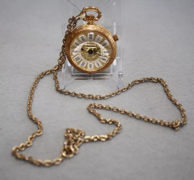 Vintage Natico Alarm Womens Swiss Made Gold Tone Pocket Watch With Chain