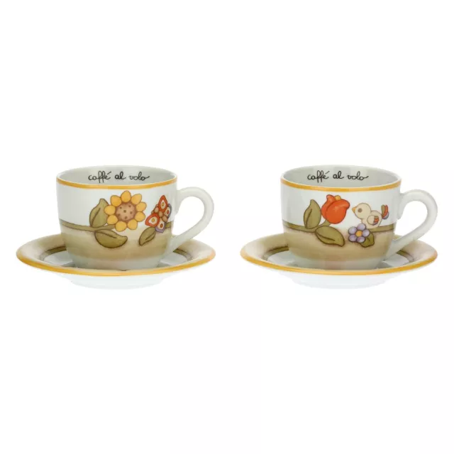 P3776E02 Set 2 tazze Country con fiori, farfalla e uccellino grande