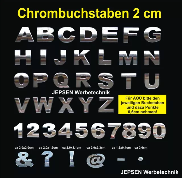 14 Zeichen 3D Chrom Buchstaben 2 cm Chrombuchstaben Aufkleber 14 Stück