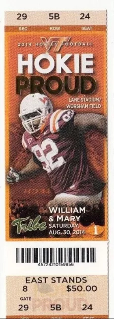 2014 Virginia Tech Hokies Vs William Mary 8/30 Ticket Stub College Football