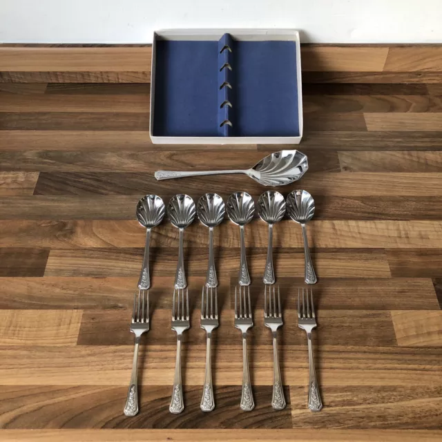 Vintage Desert Spoon / Fork Set Stainless Chrome Plate Shell Shape H.K Sheffield