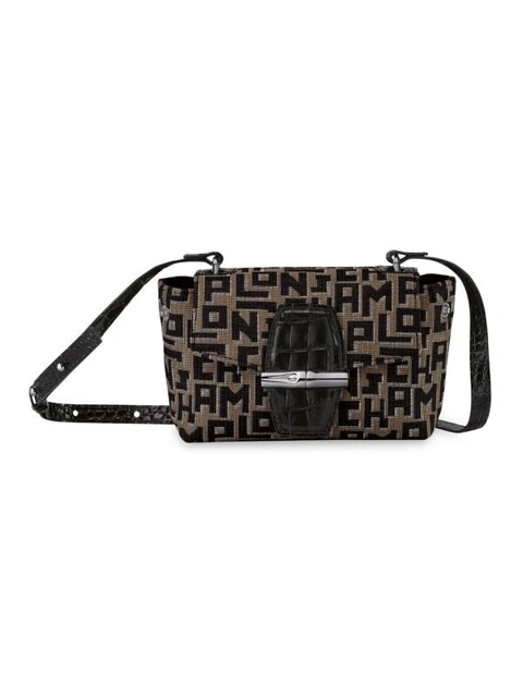 Longchamp ROSEAU LGP Jacquard Crossbody Flap Bag S Croco Black Leather France