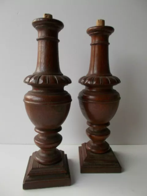 Architectural French Antique Pair Carved Oak Wood Columns Trim Posts Pillars