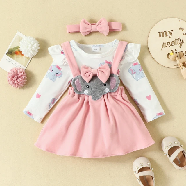 Baby Girl Clothes Set Long Sleeve Romper Suspender Skirt Bowknot Headband Outfit