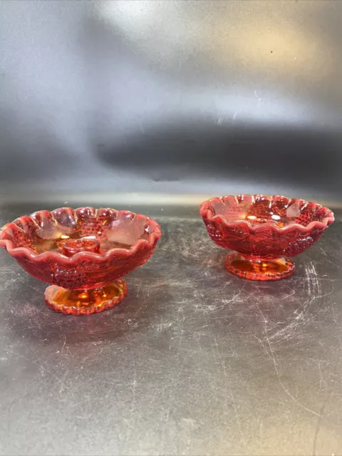 Pair Vintage Amberina Glass Crimped Edge Grapes  Footed Candleholders Autumn