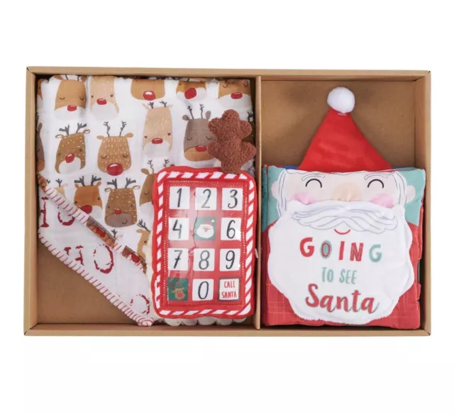 Mud Pie Baby  4 Piece Christmas Gift Set Bibs, Cloth Book, Plush Phone SANTA