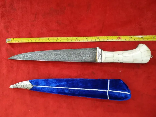 Dagger With Blue Velvet,Bone Inlay Handle And Silver Koftgari Work