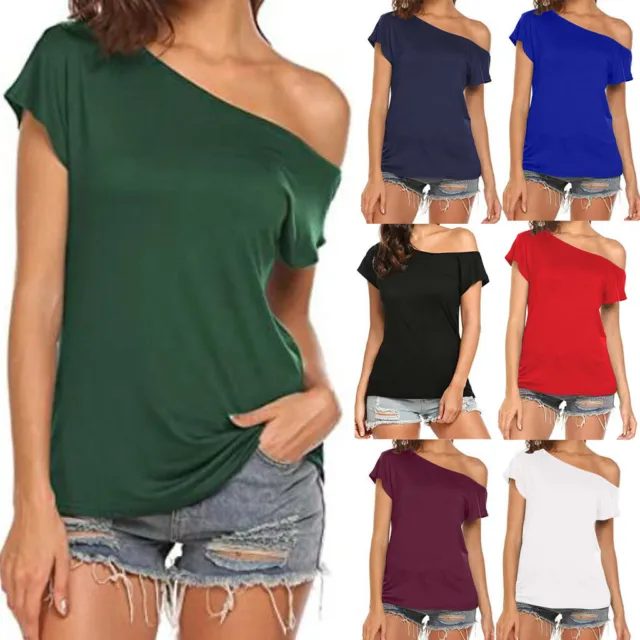 Women's Casual Off Shoulder Tops Short Sleeve T Shirts Loose Summer Blouse Shirt