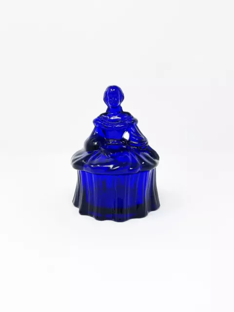 Mosser Glass Trinket Powder Jar Cobalt Blue Colonial Lady Design Vintage USA