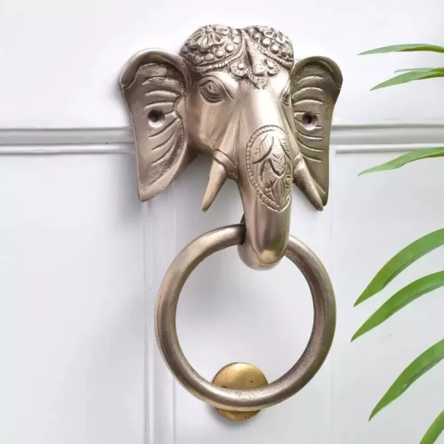Grand Doré Laiton Éléphant Heurtoir de Porte Main Avant Sonnette 20.3cm