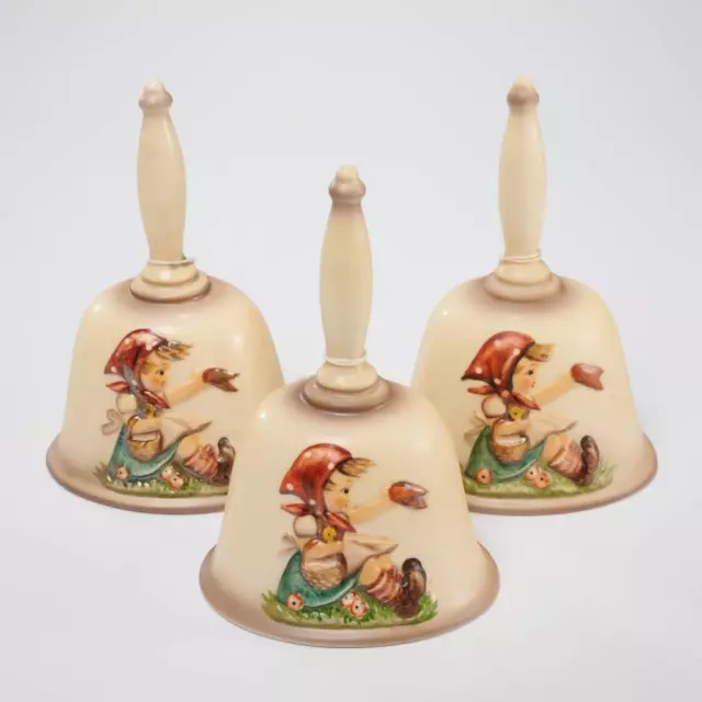 Goebel Hummel 1979 Girl With Chick Bas Relief Ceramic Dinner Bells 3pc Lot NIB