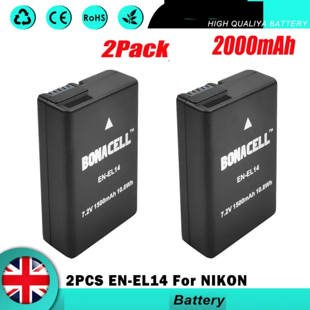 2x 2000mAh EN-EL14 EL14A Battery For Nikon P7000 P7100 P7700 D5200 D3100 D3200