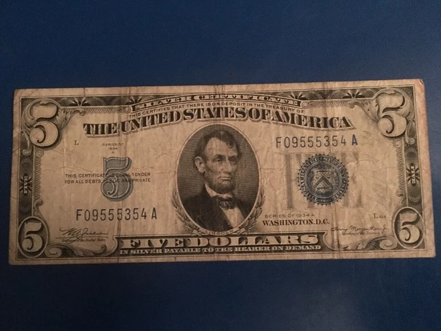 1934 A US Mint Blue Seal $5 Dollar Paper Note Silver Certificate