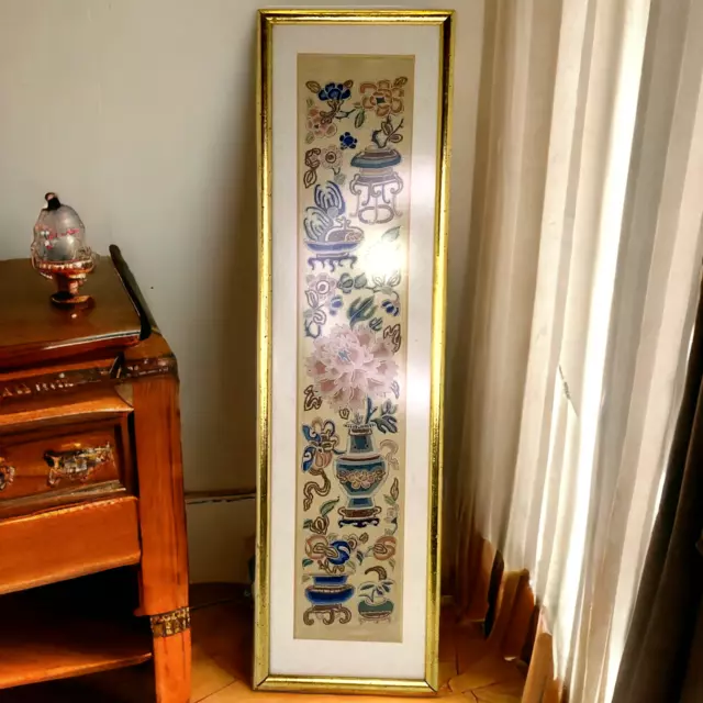 Vtg Asian Embroidered Silk Framed Art Flowers Vase 24" x 6.5" Wall Decor