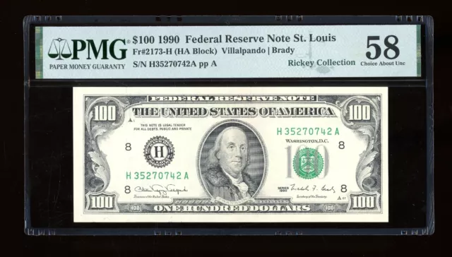 DBR 1990 $100 FRN St. Louis Fr. 2173-H PMG 58 Serial H35270742A