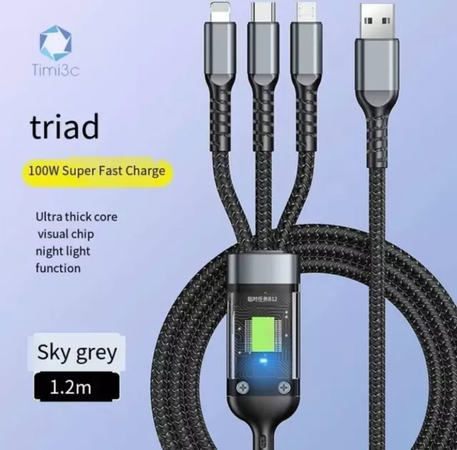 100W 3 in 1 Super Charging Cable 6A Micro USB Type C Fast Charger Type-C Cable D