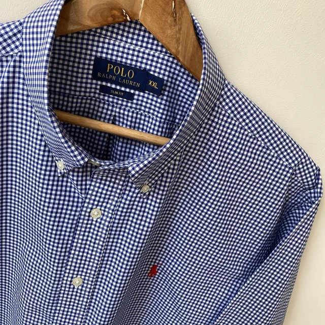 Polo Ralph Lauren camicia XXL (2XL) blu gingham a scacchi da uomo aderente abbottonata