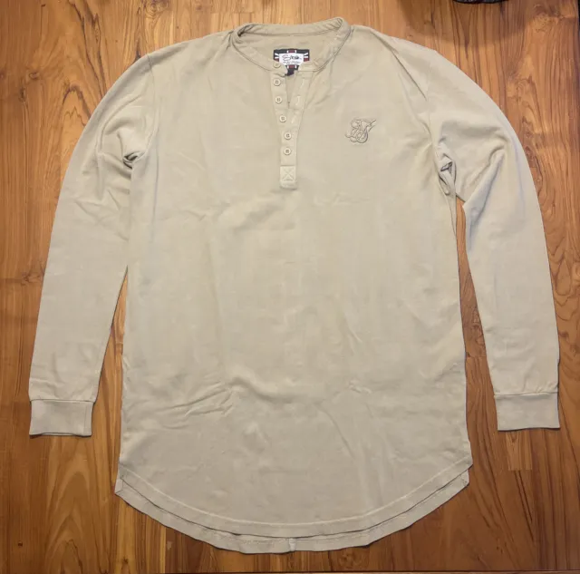 SikSilk Men's Collarless Long Sleeve Polo Shirt Khaki Medium M New