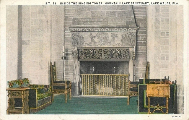 Lake Wales Florida~Fire Place @ Mountain Lake Sanctuary Interior~1930 Postcard