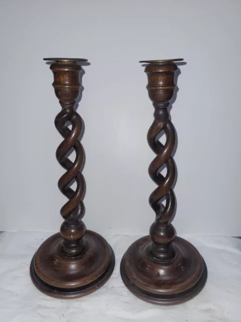 Barley Twist Open Oak Pair Candlesticks