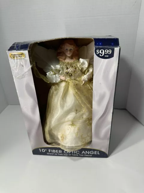Vintage Christmas FIBER OPTIC LIGHT UP TREE TOPPER Gold Porcelain ANGEL 10”  NIB