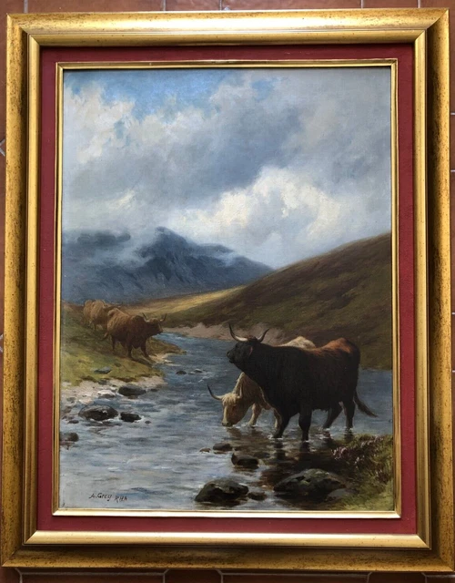 Alfred Grey Painting Grazing Cows Fine 800 Oil on Canvas 61.5x46cm Signed
