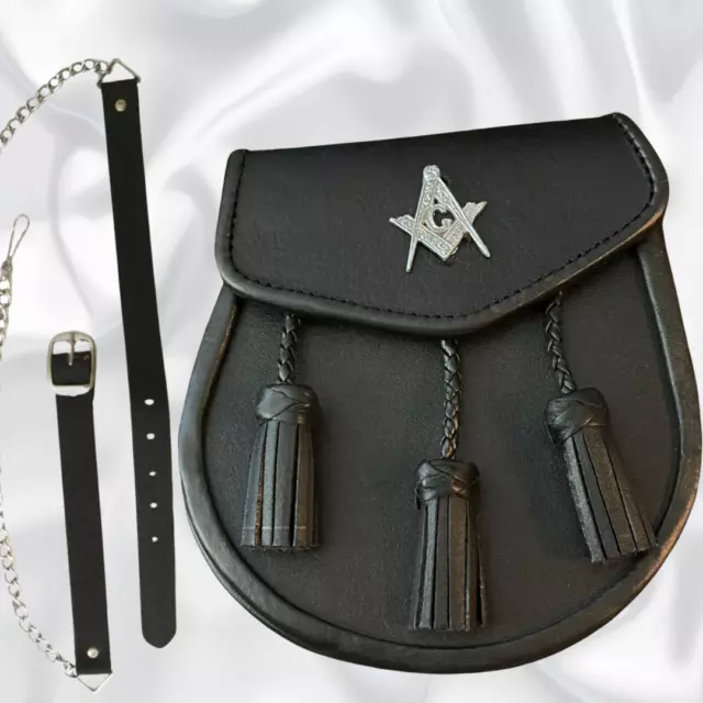 Brand New Kilt Leather Sporran with Masonic Badge on Front 3 Tassels & Chain Set