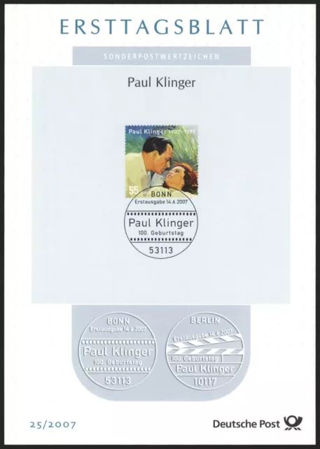 Ersttagsblatt ETB 25/2007 - "100. Geburtstag von Paul Klinger" - Filmplakat