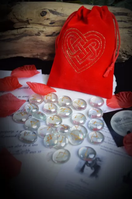 GLASS RUNE STONES & BAG Celtic Heart  Wicca Pagan Witchcraft Runes Divination