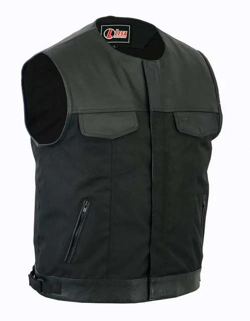 Senza Collo Cordura Biker Gilet / Canotta Nero Vera Pelle Bordo