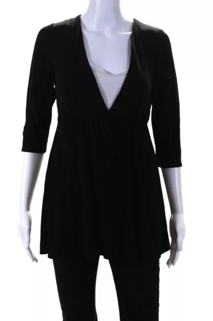 Eileen Fisher Womens 3/4 Sleeve V Neck Stretch Jersey Silk Tunic Top Black XS