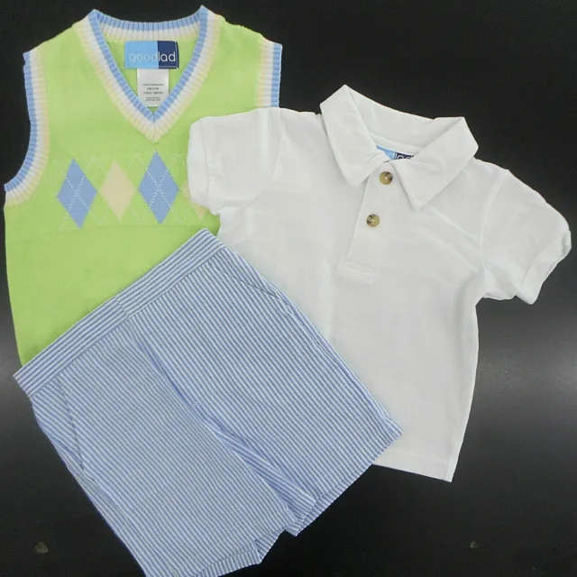 Infant Boys Good Lad $50 Sweater Vest Shirt & Sear Sucker Shorts Sizes 12Mt-24Mt