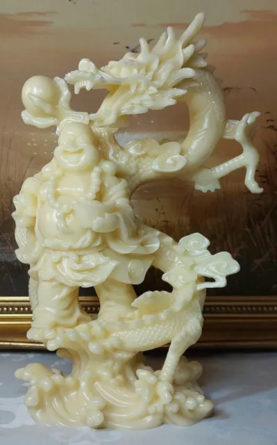 Large Laughing Buddha Maitreya Dragon Chinese Ivory Look Resin Statue Sculpture