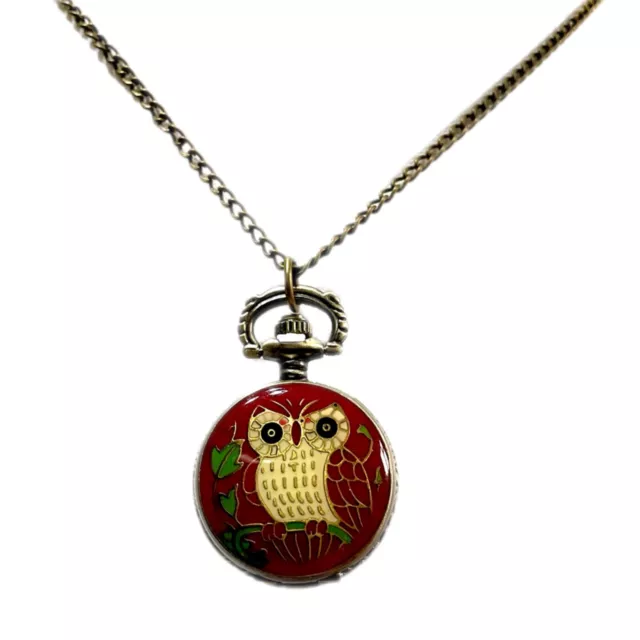 Antique Bronze 30mm Red Owl Design Pendant Locket Pocket Watch Long Chain