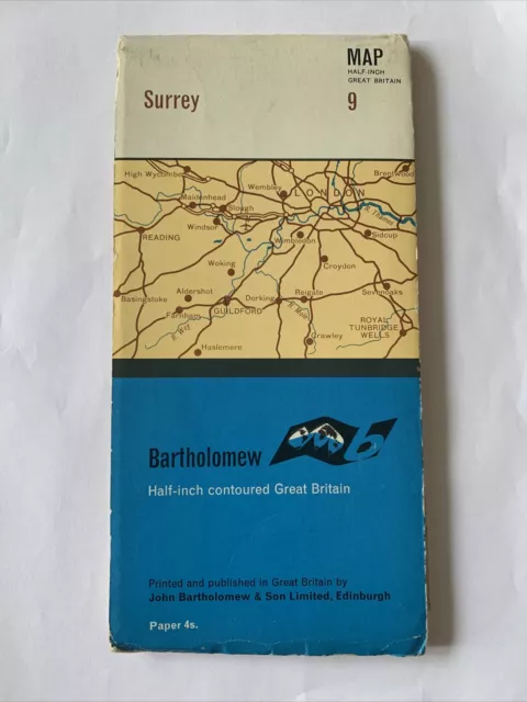 Surrey Vintage Revised Half Inch Bartholomews Map 1968 London Antique Old