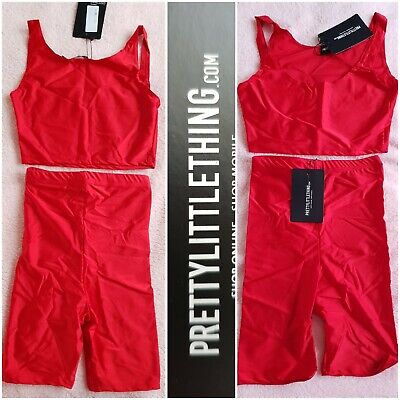 Prettylittlething Rosso Ciclismo Pantaloncini & Top Set Size 8 20% ELASTAN STRETCH