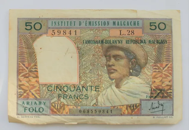 Banconota Madagascar, 50 Franchi = 10 Ariari, Non Datata (1969) Ariary Folo - Usata