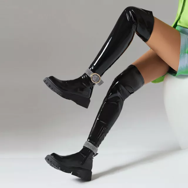 Womens Ladies Over The Knee Flat Thigh High Boots Low Heel Lace Up Riding Shoes