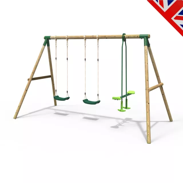 Rebo Neptune Childrens Wooden 3 In 1 Garden Swing Set Double Swing and Glider